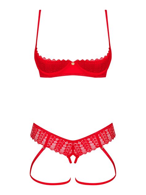 Erotic Red Lingerie Set Open Bra And Crotchless Thong Panties And Removable Straps Obsessive