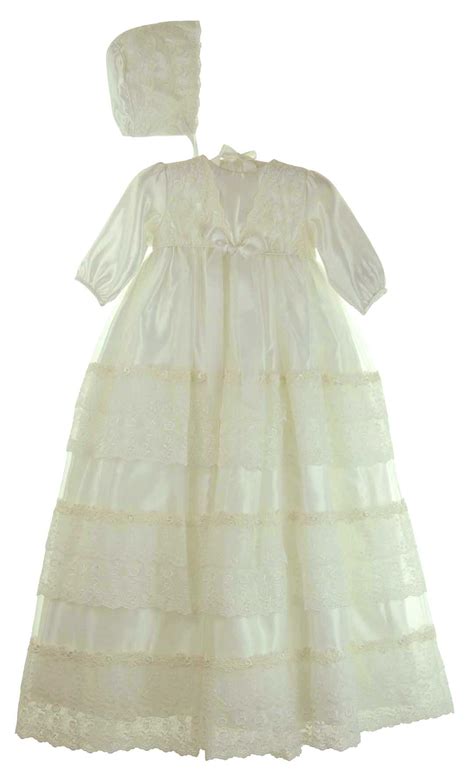 New Sarah Louise Ivory Satin Christening Gown With Tiers Of Lace And