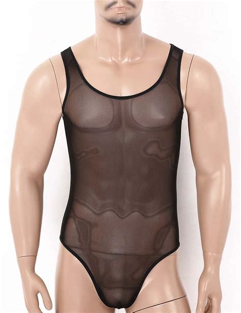 Men See Through Mesh Mankini Leotard Tops One Piece Bikini Gay Underwear Lingerie Bodysuit