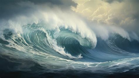 A Painting Of A Large Wave Crashing Into The Ocean AI Stock Image