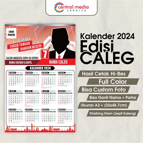 Jual Kalender Dinding 2024 Caleg Custom A3+ Jepit Kaleng 1 Lembar 12