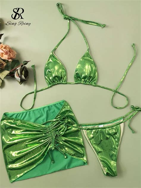 Singreiny Shinny Sensual Beach Swimsuits Set Women Club Sheath Lingerie Fashion Vacation