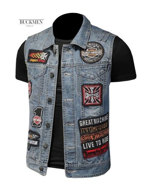 Harley Motorcycle Emblem Denim Vest For Men Riding Large Size European