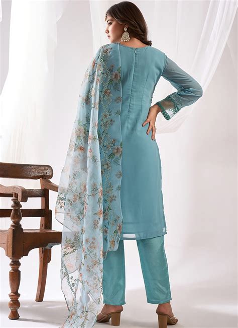 Shop Embroidered Beads Powder Blue Faux Georgette Pakistani Suit Party