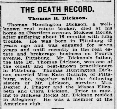 Obituary Of Thomas Huntington Dickson Father The Late Dr Thomas Dickson Married Kate Guthrie