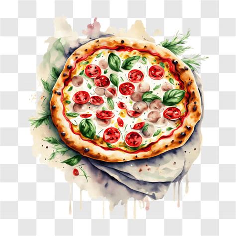 Download Abstract Pizza Painting With Tomatoes Olives And Basil Png