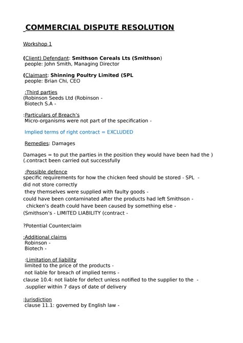 Cdr Ws Commercial Dispute Resolution Workshop Workshop Tasks