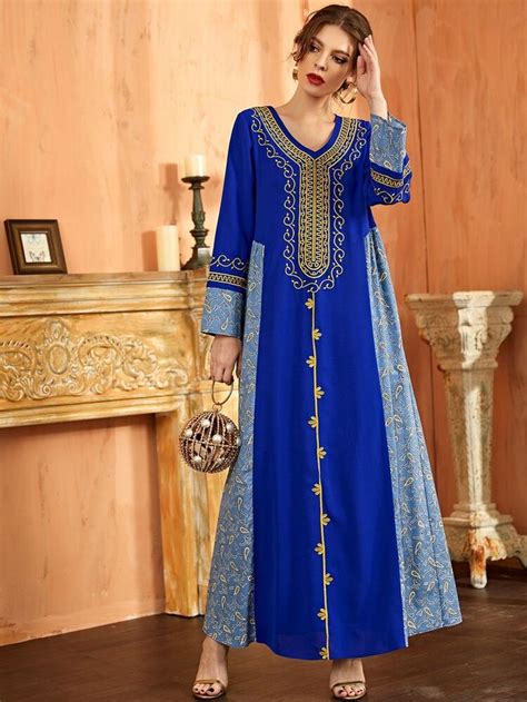 Shein Najma Paisley Print Embroidery Corduroy Kaftan Dress Shein Usa Women Dresses Classy