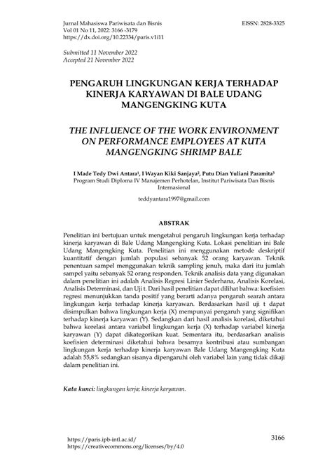 Pdf Pengaruh Lingkungan Kerja Terhadap Kinerja Karyawan Di Bale Udang