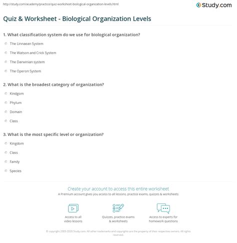 Quiz & Worksheet - Biological Organization Levels | Study.com