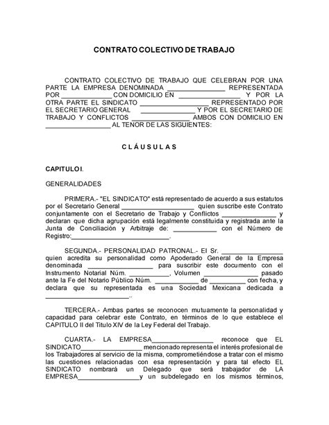 Formato Contrato Colectivo De Trabajo Laboral Contrato Colectivo De