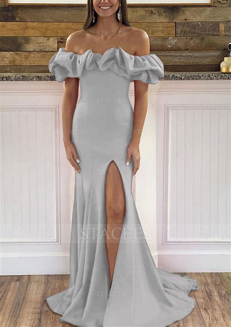 Sheath Column Off The Shoulder Sweep Train Satin Prom Dress With