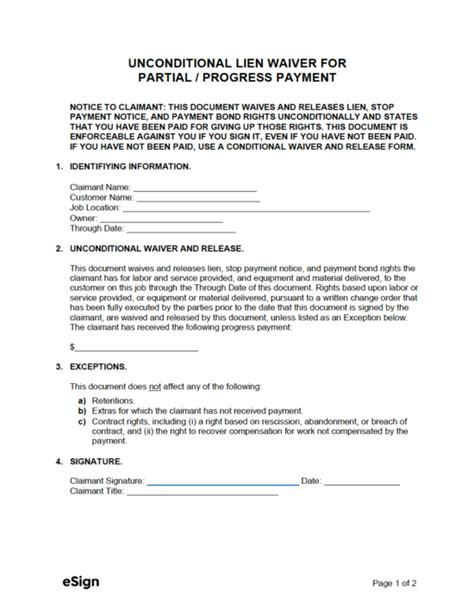 Printable Unconditional Lien Waiver Template