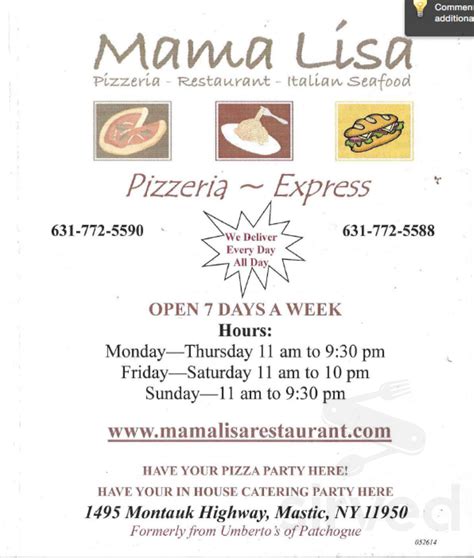 Mama Lisa Pizza Express Menu In Mastic New York Usa