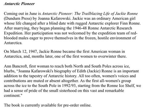 Antarctic Pioneer The Trailblazing Life Of Jackie Ronne By Joanna