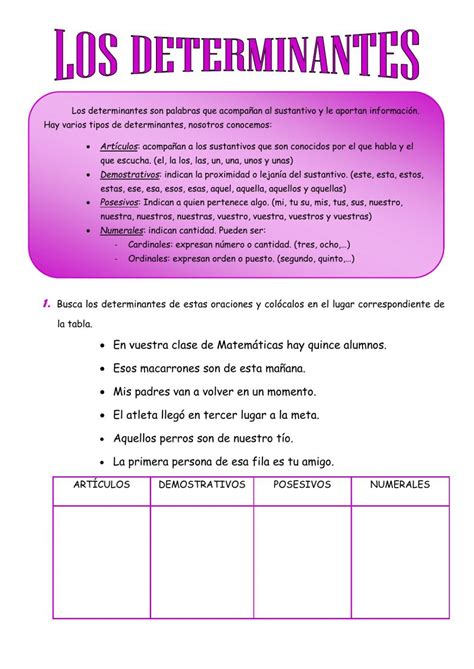 Determinantes Interactive Activity For Cuarto Primaria Fichas