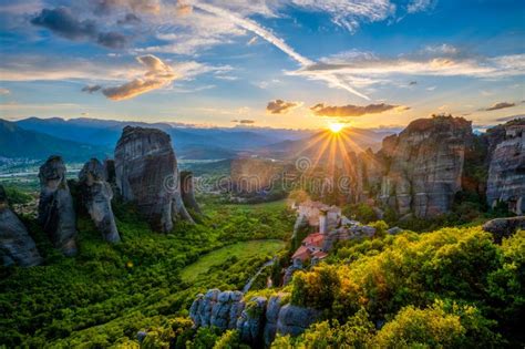 Sunset Sky and Monasteries of Meteora Stock Image - Image of tourists ...