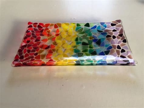 Large Rainbow Fused Glass Dish Rectangular Fused Glass Bowl Etsy Fused Glass Artwork Fused