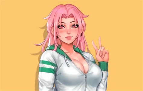 Wallpaper Girl Sexy Cleavage Pink Hair Long Hair Boobs Anime