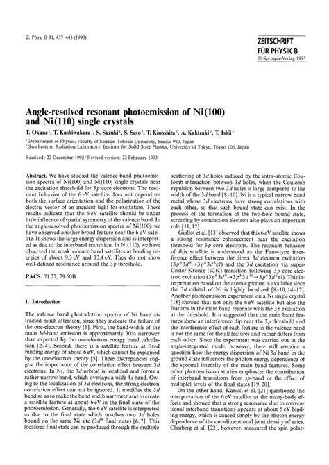 Pdf Angle Resolved Resonant Photoemission Of Ni100 And Ni110