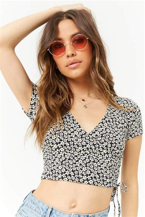 Ditsy Floral Print Crop Top Surplice Print Floral Floral Print Crop