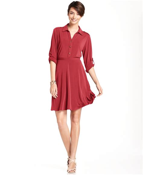 Ny Collection Petite Dress Roll Tab Sleeve Shirtdress Dresses