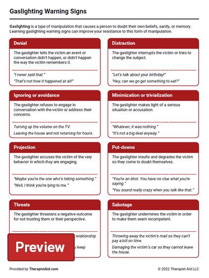 Gaslighting Warning Signs Worksheet Therapist Aid Gaslighting