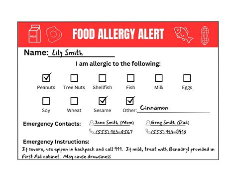 Food Allergy Alert Card - Digital Download - Printable Children Food