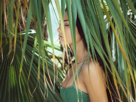 Beautiful Girl Posing In Tropical Forest Close Up Perfect Portrait