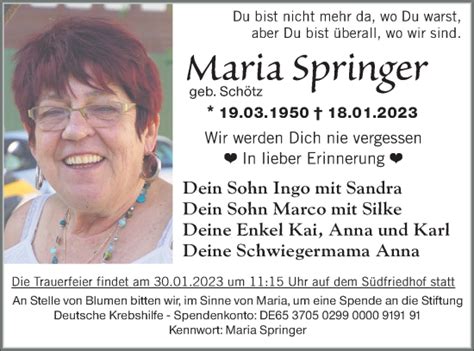 Traueranzeigen Von Maria Springer Trauer Nn De