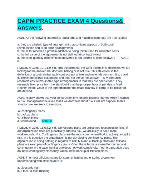 Capm Practice Exam 4 Questionsand Answers Exams Business Ethics Docsity