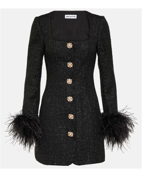 Self Portrait Feather Trimmed Boucle Minidress In Black Lyst Uk