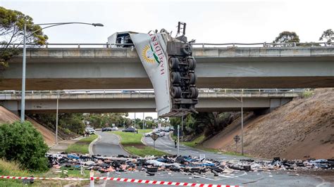 Melbourne Traffic Truck Crash Calder Freeway Hanging Off Bridge