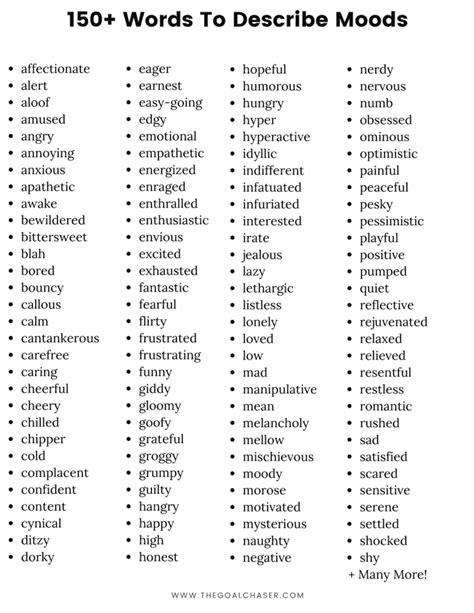 Words To Describe Moods List Of Mood Words The Goal Chaser