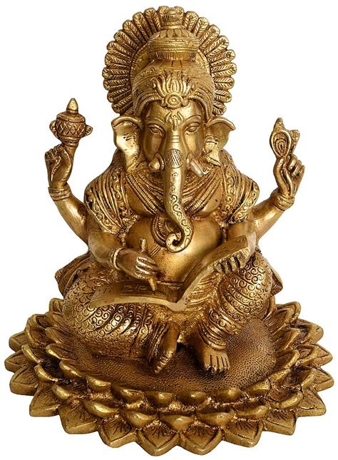 Lord Ganesha Seated On Blooming Lotus Scripting The Mahabharata In