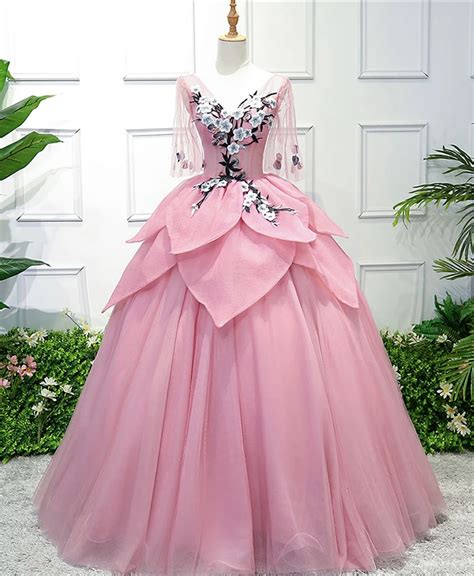 Pink V Neck Tulle Lace Applique Long Prom Dress Pink Evening Dress