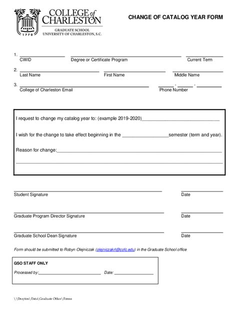 Fillable Online Gradschool Cofc Change Of Catalog Year Form Graduate