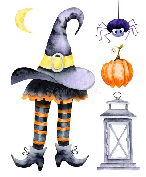 Halloween Witch Hat And Broom Witch Watercolor Illustration Stock