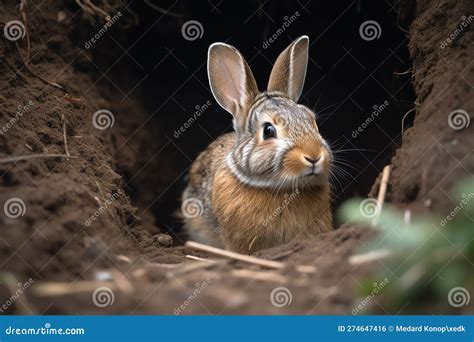 Conejo Mirando Fuera De Un Agujero En El Suelo Con Un Fondo Negro