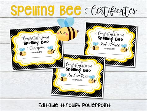 Editable Spelling Bee Certificates Spelling Bee Printable Certificates