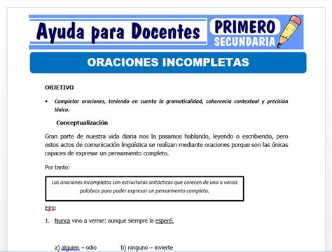 Oraciones Incompletas Para Primero De Secundaria Ayuda Para Docentes