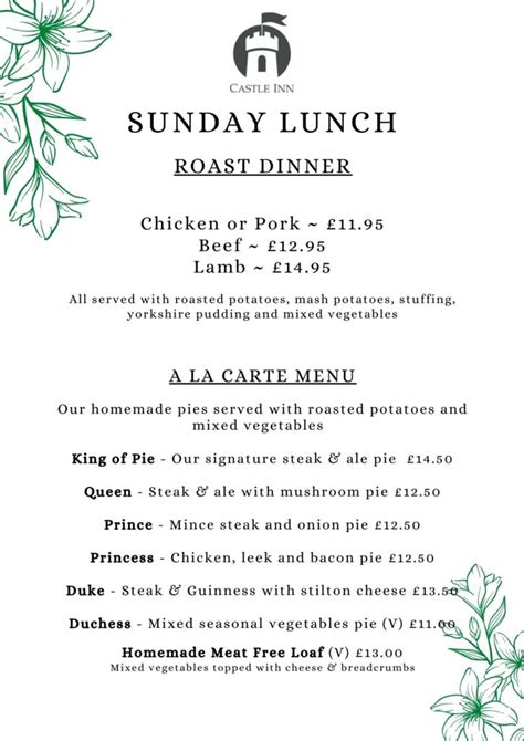 Sunday Lunch Menu The Castle Inn Knucklas