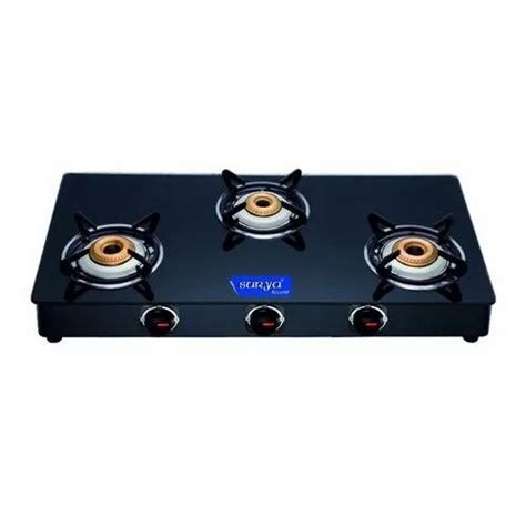 Toughened Glass Black Surya 3 Burner Gas Stove For Cooking Features