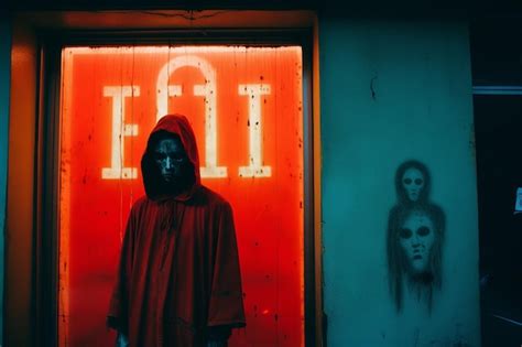 Un Hombre Con Una Capucha Roja De Pie Frente A Una Puerta Roja Foto