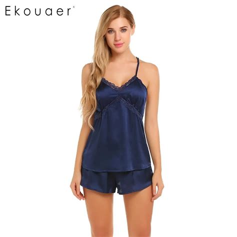 Ekouaer Sexy Pajamas Women Lace Patchwork Sleeveless Spaghetti Straps