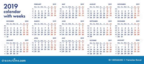 Raster För 2019 Kalender Med Veckaillustrationen Stock Illustrationer