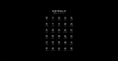 Japanese Animal Chart Animal Kanji Learning Chart Black Japan
