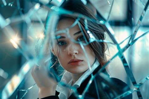 Premium Photo Woman Looking Through Broken Glass Generative Ai