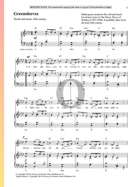 Greensleeves Anonymous Piano Sheet Music Oktav