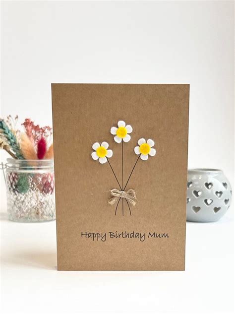 Handmade Mum Birthday Card, Mum Flower Card, Button Card, Happy ...